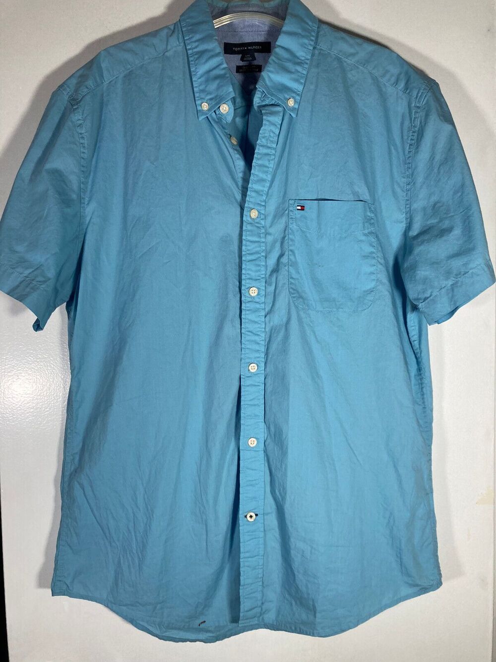 Tommy Hilfiger Shirt • Mens Blue Maxwell Classic Fit Short Sleeve (Large) EUC